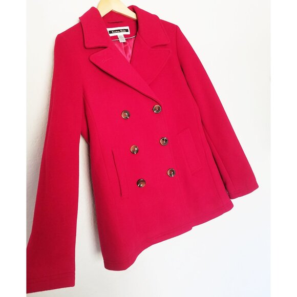 Kristen Blake Women’s M Red Wool Blend Double Breasted Pea Coat Classic Holiday - Picture 13 of 16